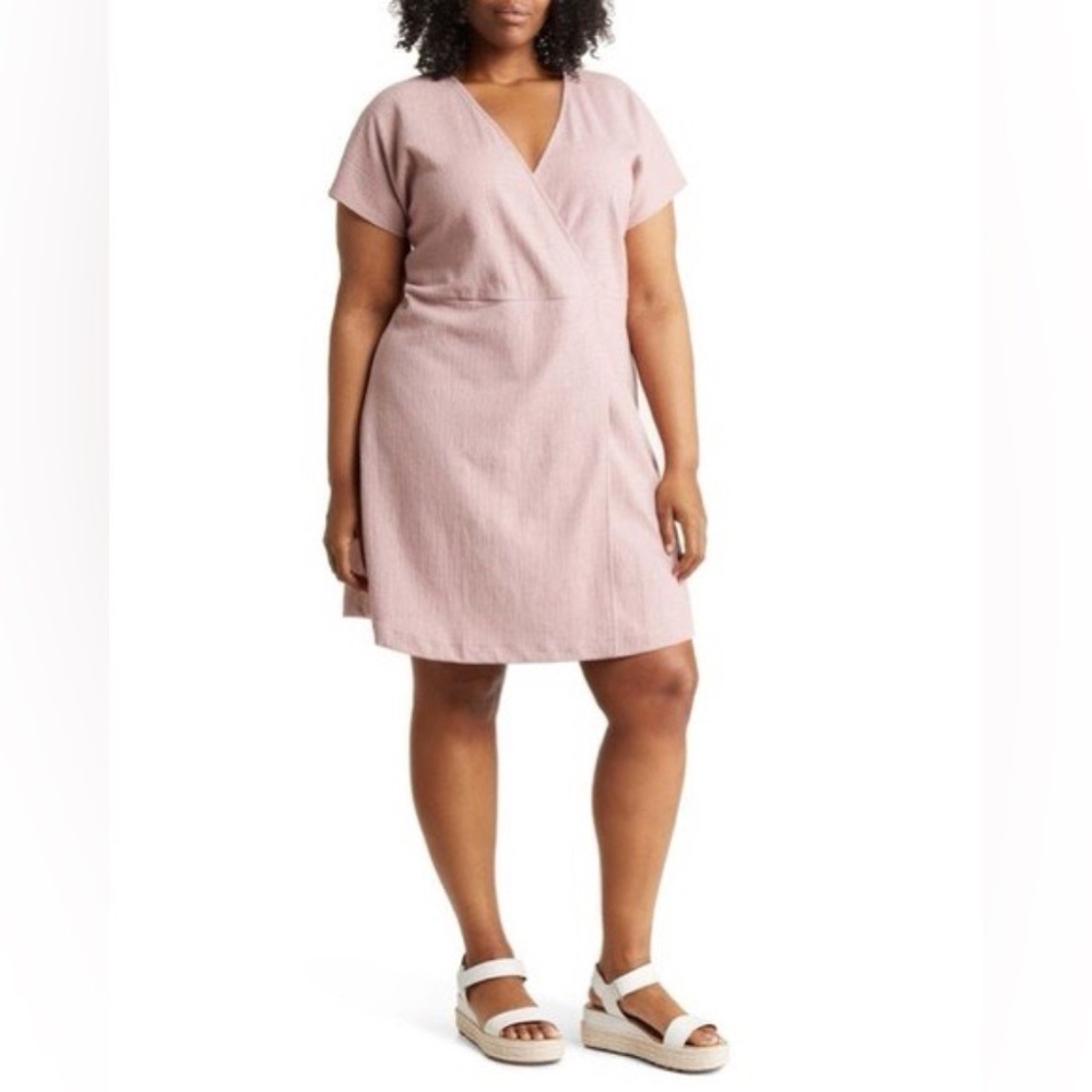 Madewell Pink Textured Cotton Blend Short Sleeve Faux Wrap V-Neck Dress Size 1X